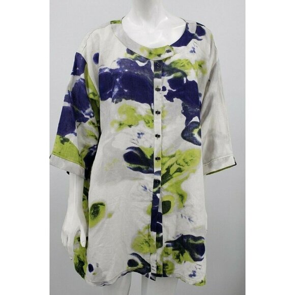 New IC by Connie K Linen Jacket Womens XXL Green Print Lagenlook Art to Wear - Picture 1 of 6